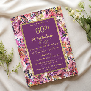 Vintage Lila Gold Korallen Blumen 60. Geburtstag Einladung