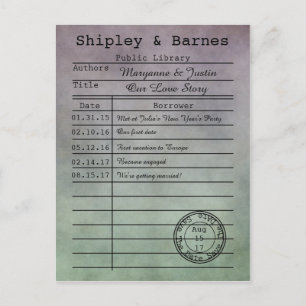 Vintage lila grüne Bibliotheks-Karte Save the Date Ankündigungspostkarte