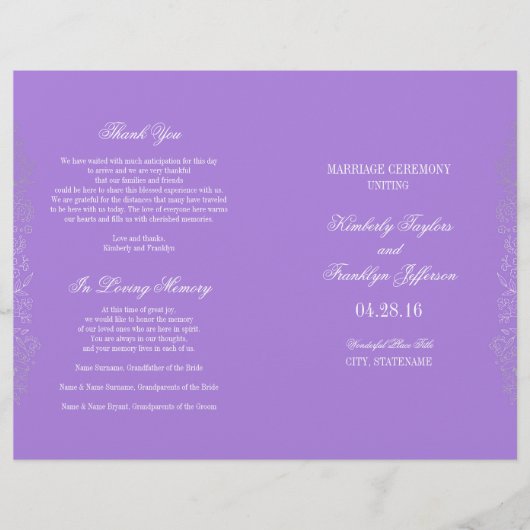 Vintage Lila Hochzeitsprogramme mit Blumen (Vorderseite)