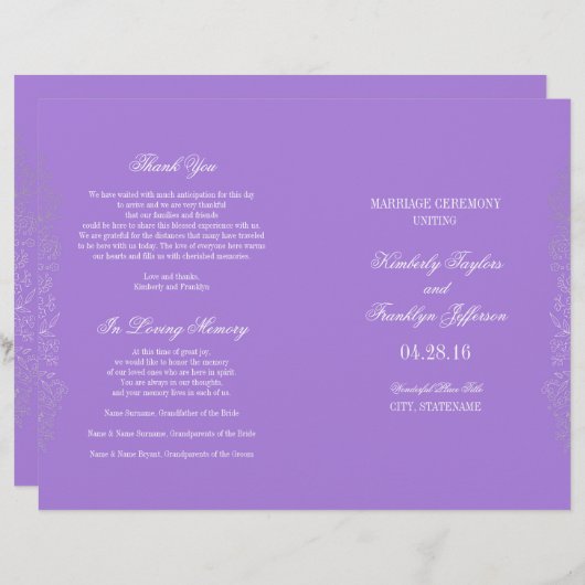 Vintage Lila Hochzeitsprogramme mit Blumen (Vorne/Hinten)