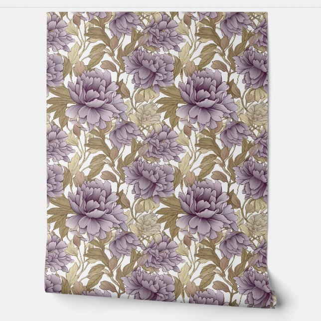 Vintage lila Peonys Gold Blätter Blumenzwiebeln Tapete (Abrollen)