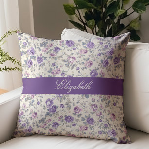 Vintage Lila Rosa Florales Schriftmonogramm Name Kissen
