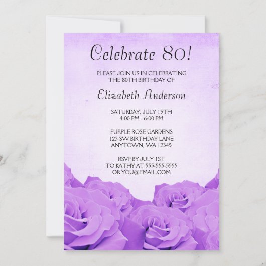 Vintage Lila Rose 80. Geburtstagspartei Einladung (Vorderseite)