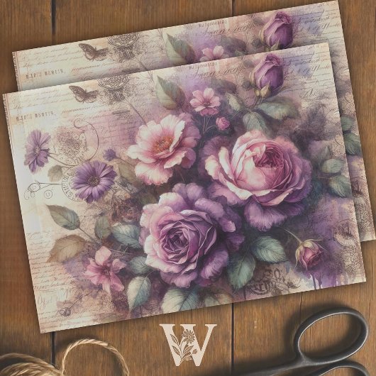 Vintage Lila Rose und botanische Collage Decoupage Seidenpapier