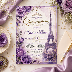 Vintage lila Rosen Eiffelturm Quinceañera  Einladung