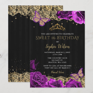 Vintage lila Rosen schwarze Goldspitze Sweet 16 Einladung