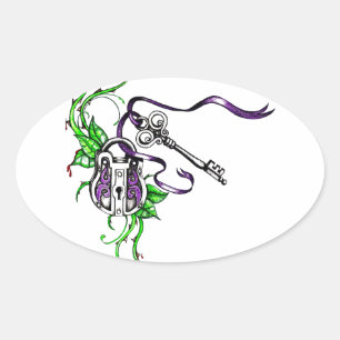 Vintage lila Schloss- und Schlüsselkonstruktion Ovaler Aufkleber