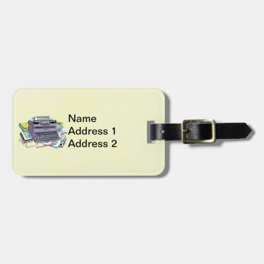 Vintage Lila Schreibmaschinenpapierstifte auf Gelb Gepäckanhänger (Vorderseite horizontal)