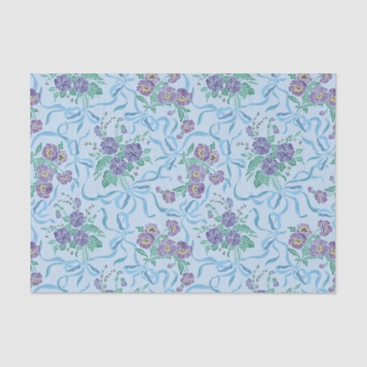 Vintage Lila Stiefmütterchen Ribbons Light Blue Seidenpapier (Vorderseite)