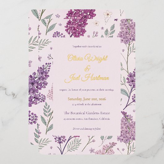 Vintage Lilac Garden Romance Wedding Folieneinladung (Vorderseite/Rückseite)