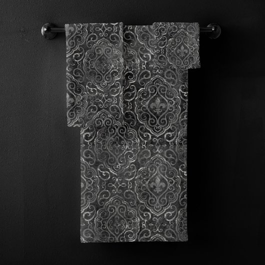 Vintage Lilie | Black Silver Grunge Damask Badhandtuch Set