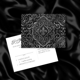 Vintage Lilie Black Silver Grunge Damask Einladungspostkarte