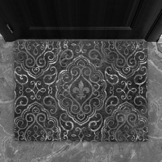 Vintage Lilie | Black Silver Grunge Damask Fußmatte