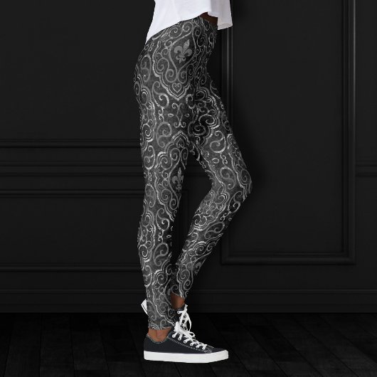 Vintage Lilie | Black Silver Grunge Damask Leggings