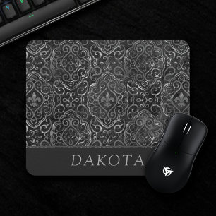 Vintage Lilie   Black Silver Grunge Damask Mousepad