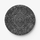 Vintage Lilie | Black Silver Grunge Damask Pappteller (Vorderseite)