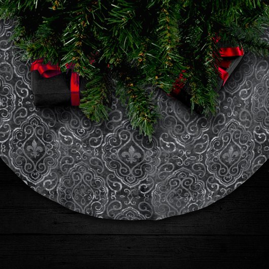 Vintage Lilie | Black Silver Grunge Damask Polyester Weihnachtsbaumdecke