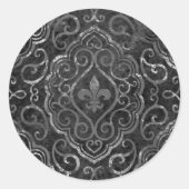 Vintage Lilie | Black Silver Grunge Damask Runder Aufkleber (Vorderseite)