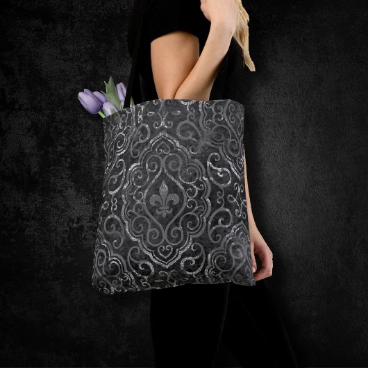 Vintage Lilie | Black Silver Grunge Damask Tasche