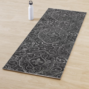 Vintage Lilie   Black Silver Grunge Damask Yogamatte