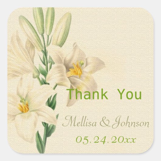 Vintage Lilie Blume Gastgeschenk Hochzeit danke Quadratischer Aufkleber (Vorderseite)