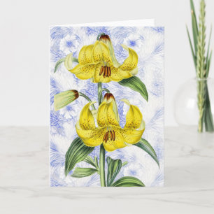 Vintage-Lilienblumen auf gemusterten Kunstnotizkar Karte
