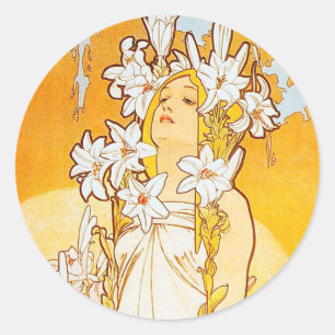 Vintage Lily von Alphonse Mucha Runder Aufkleber