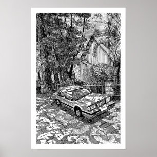 Vintage-Limousine-Tusche-Skizze Schwarz-Weiß-Retro Poster