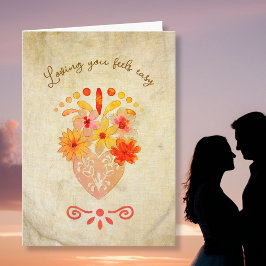 Vintage Linen Floral Heart with Soft Golden Script Feiertagskarte