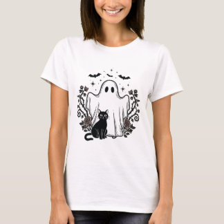Vintage Linocut Spooky Cat & Ghost T-Shirt