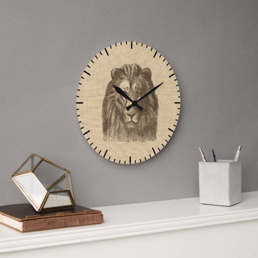 Vintage Lion Illustration auf Burlap   Große Wanduhr (Büro)