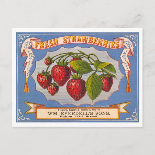 Vintage Lithographiewerbung für frische Erdbeeren Postkarte (Vorderseite)
