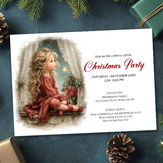 Vintage little girl awaiting Santa editable invite Einladung