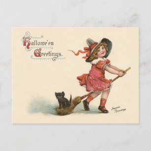 Vintage Little Witch Halloween Greetings Postcard Postkarte