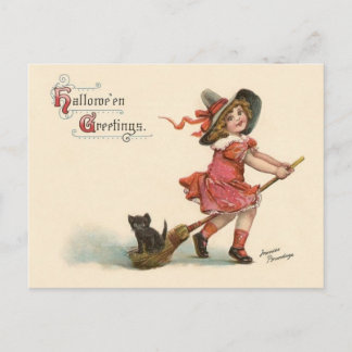 Vintage Little Witch Halloween Greetings Postcard Postkarte