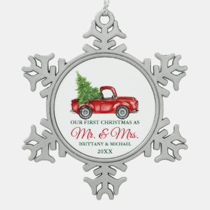 Vintage-LKW erstes Weihnachten Herr und Frau Schneeflocken Zinn-Ornament