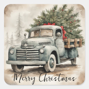 Vintage-LKW Frohe Weihnachten Quadratischer Aufkleber