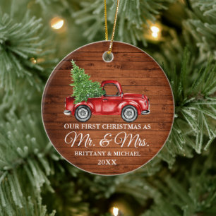 Vintage-LKW-Holz erstes Weihnachten Herr und Frau Keramik Ornament