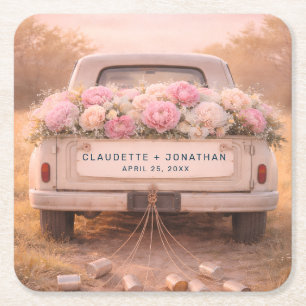 Vintage-LKW-Rosé-Blumen-Hochzeit mit individuellem Rechteckiger Pappuntersetzer