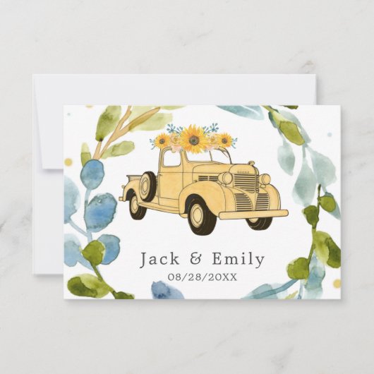 Vintage LKW Sonnenblumen Hochzeit Danke (Vorderseite)