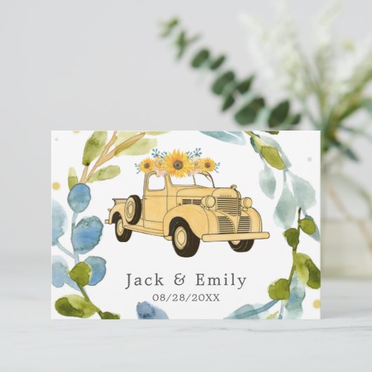 Vintage LKW Sonnenblumen Hochzeit Danke (Stehend Vorderseite)