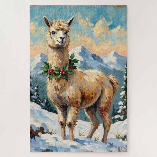 Vintage Llama in Snowy Christmas Meadow Puzzle (Vertikal)