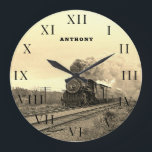 Vintage Lokomotivbahn Motor Dampfzug Große Wanduhr<br><div class="desc">Vintage Lokomotive,  Bahn,  Dampf,  Bahn,  Motor,  Reise,  Schwarz/Weiß,  Uhr. Personalisieren Sie es mit Ihrem Namen.</div>