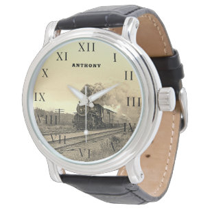 Vintage-Lokzug-Geburtstags-Schwarz-Gold Armbanduhr