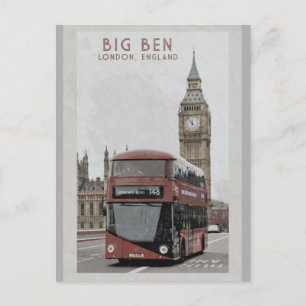 Vintage London England Big Ben Roter Bus Reise Postkarte