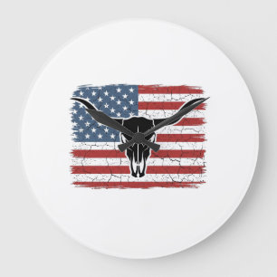 Vintage-Longhorn-Schädel-Amerikanische-Flagge-Vekt Große Wanduhr