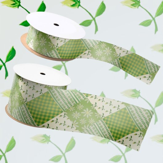 Vintage Look Green Yellow Ecru Patchwork  Satinband