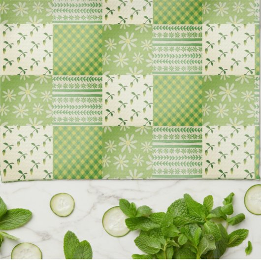 Vintage-Look Grün Gelb Ecru Patchwork  Geschirrtuch