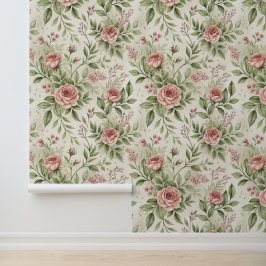 Vintage-Look Grün Toile und Rosen  Tapete