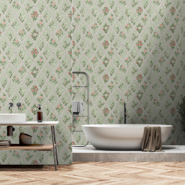 Vintage-Look Grün Toile und Rosen  Tapete